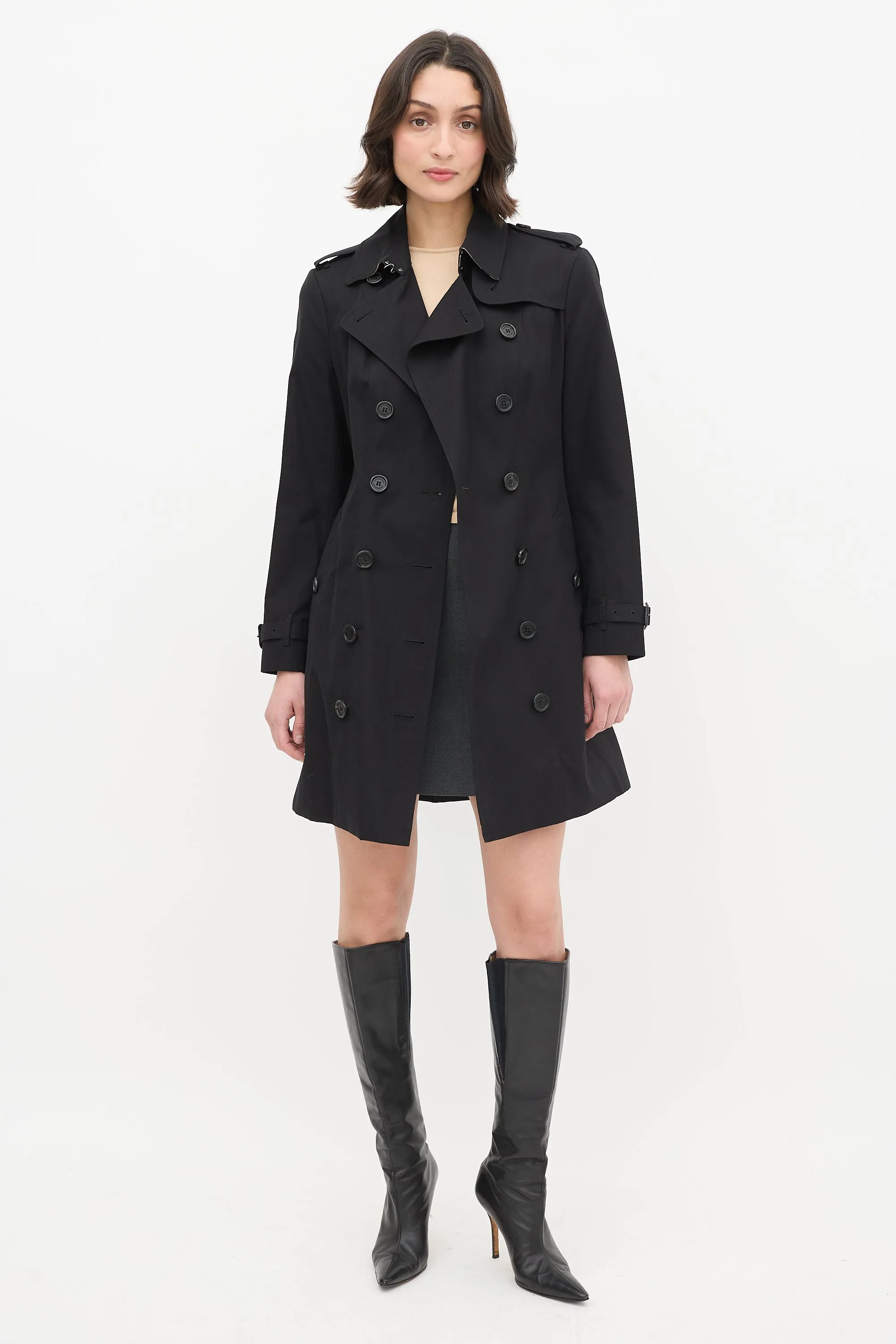 Black Double Breasted Belted Midi Trench Coat