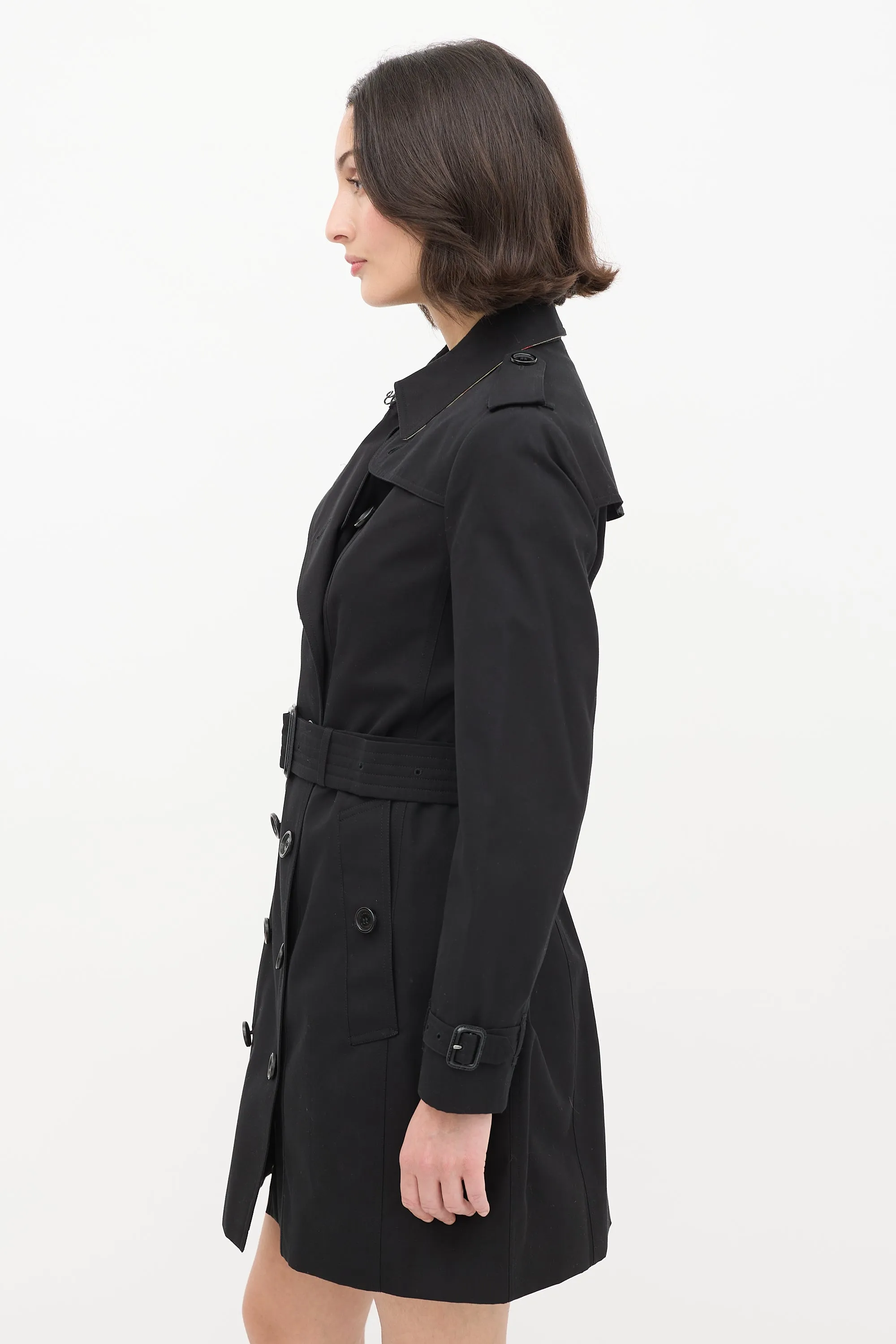 Black Double Breasted Belted Midi Trench Coat