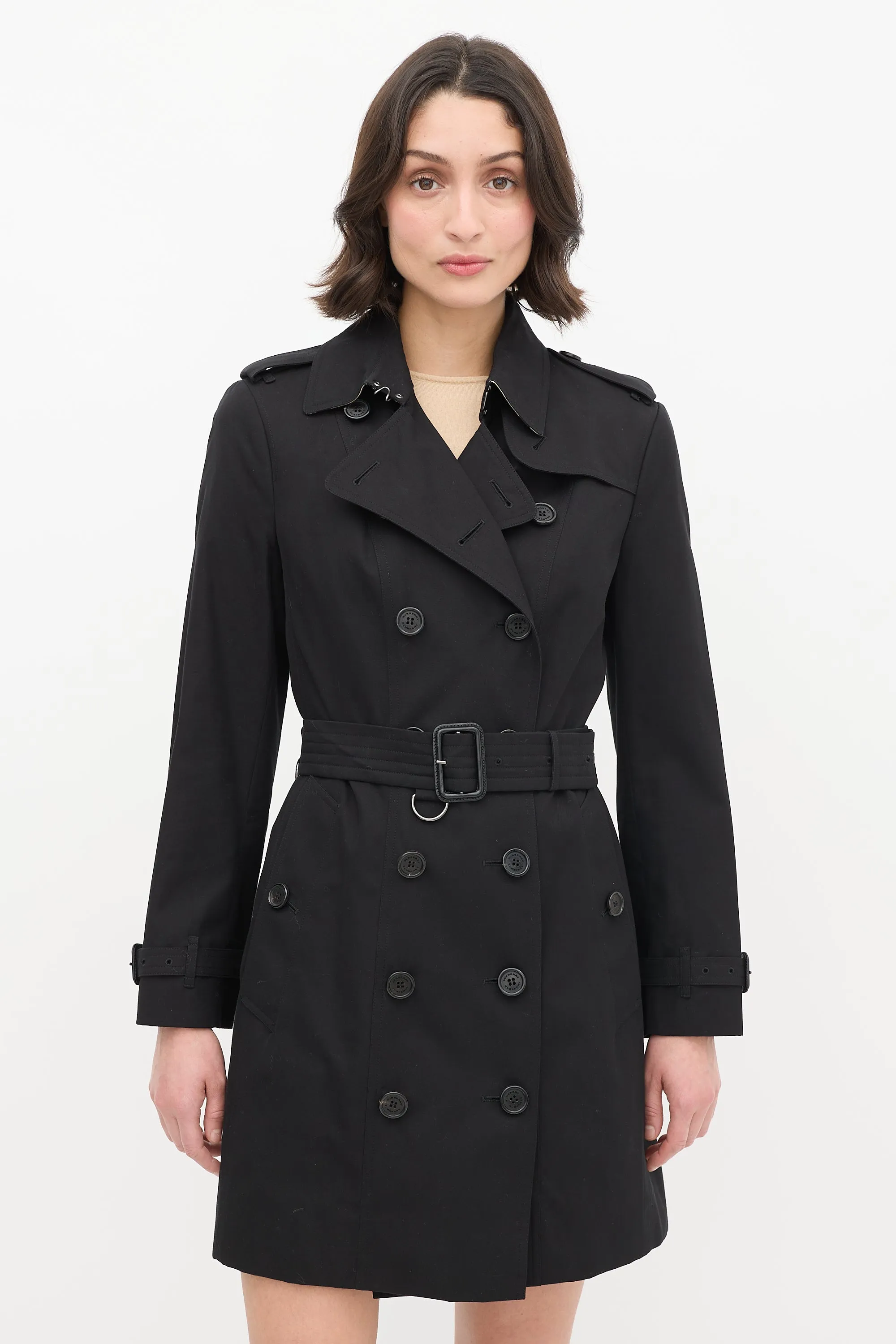 Black Double Breasted Belted Midi Trench Coat