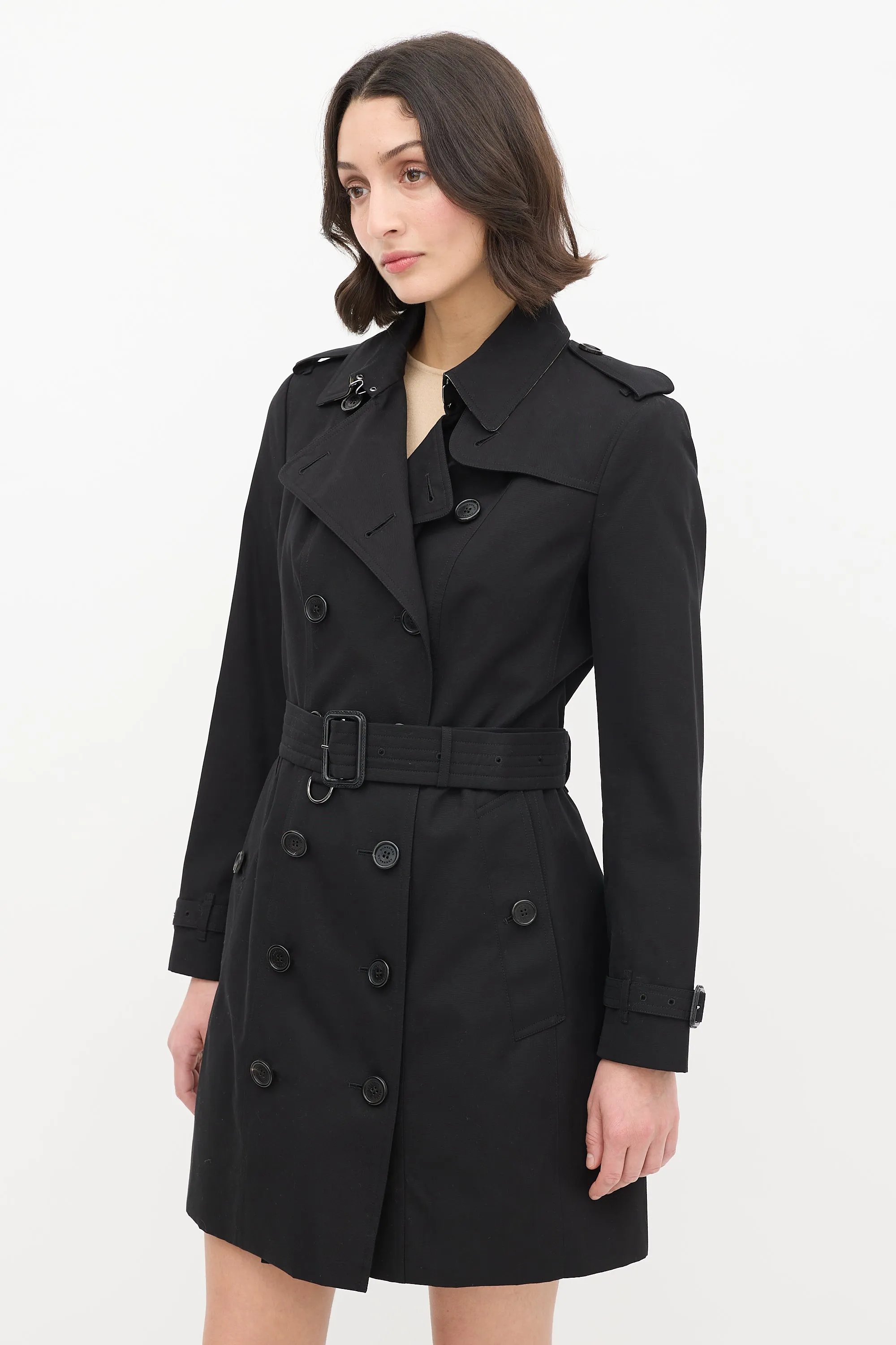 Black Double Breasted Belted Midi Trench Coat