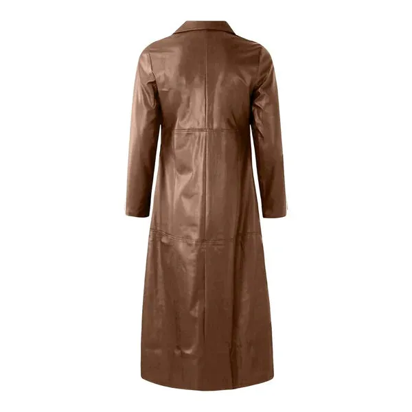 Brown Classic Trench Long Leather Motorcycle Coat