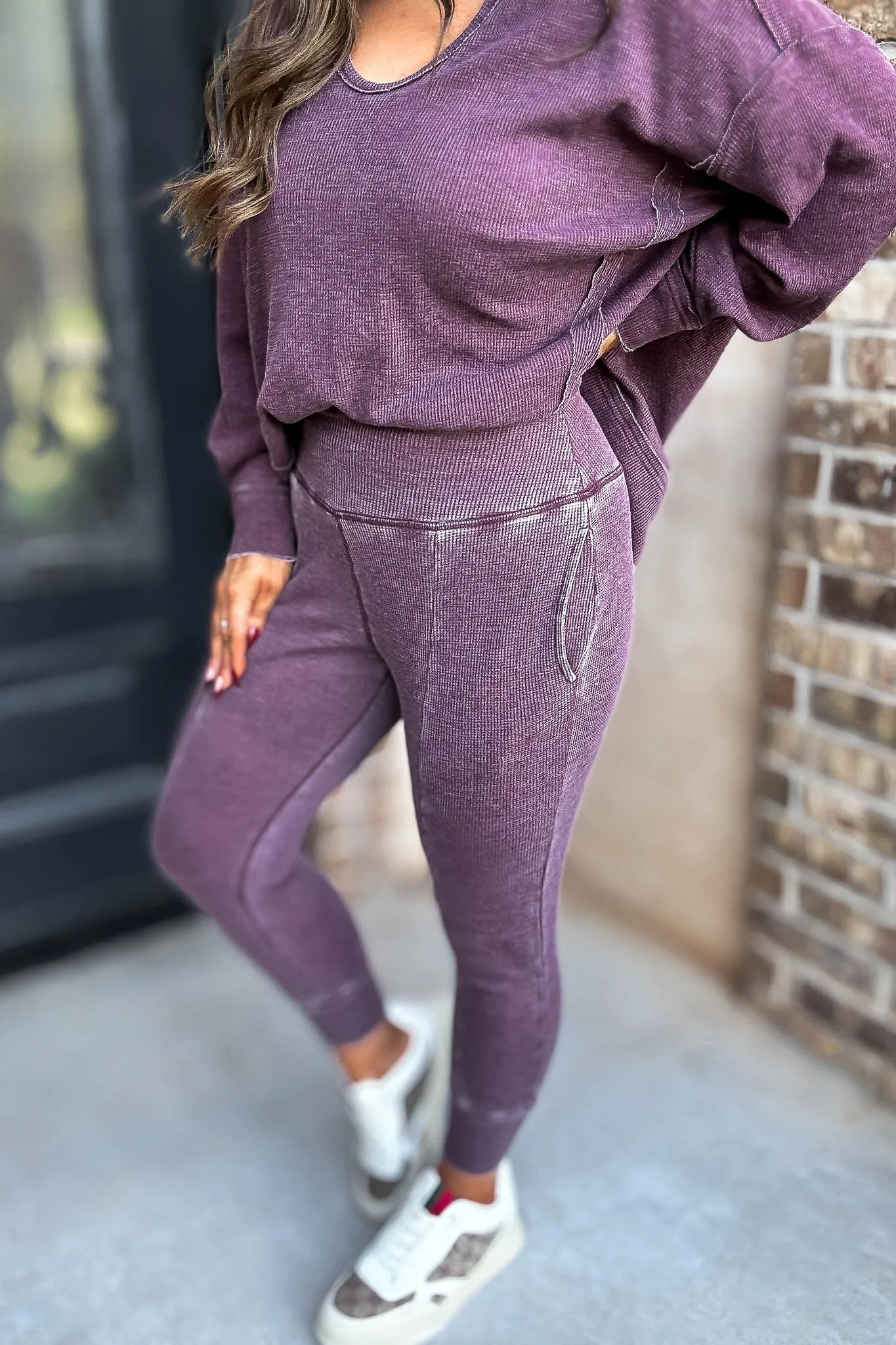 Cotton Blend Plum Waffle Knit Jogger