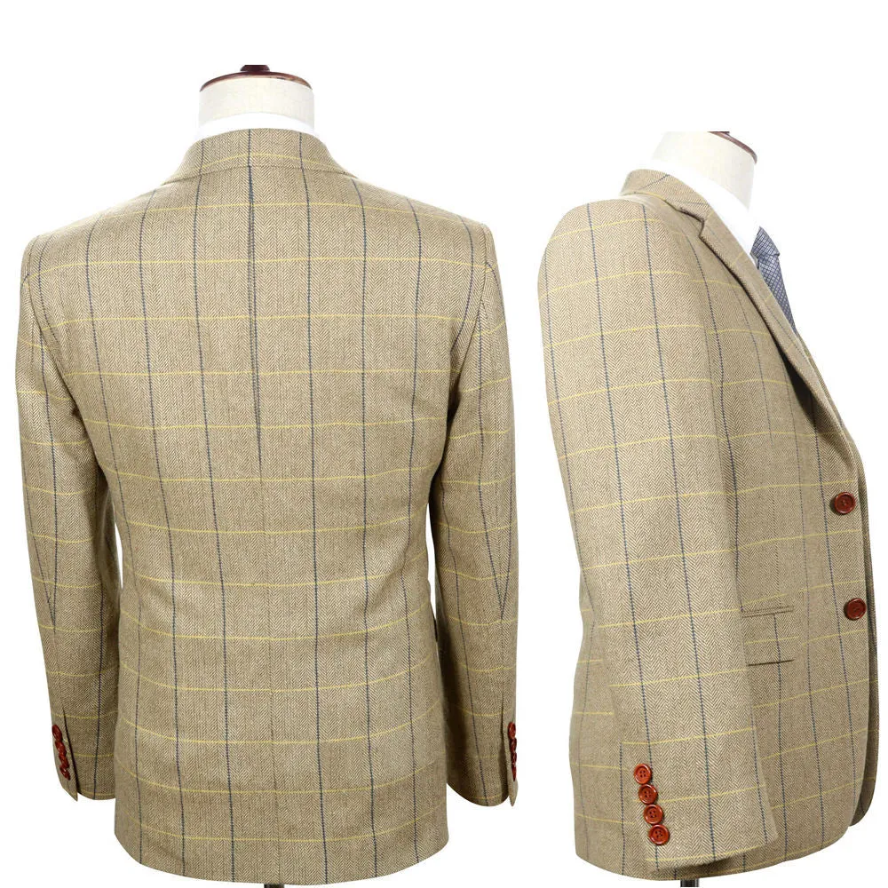Cream White Tweed With Blue Windowpane 3 Piece Suit