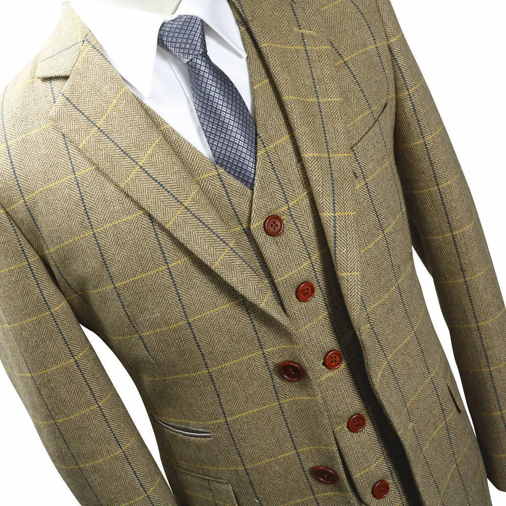 Cream White Tweed With Blue Windowpane 3 Piece Suit