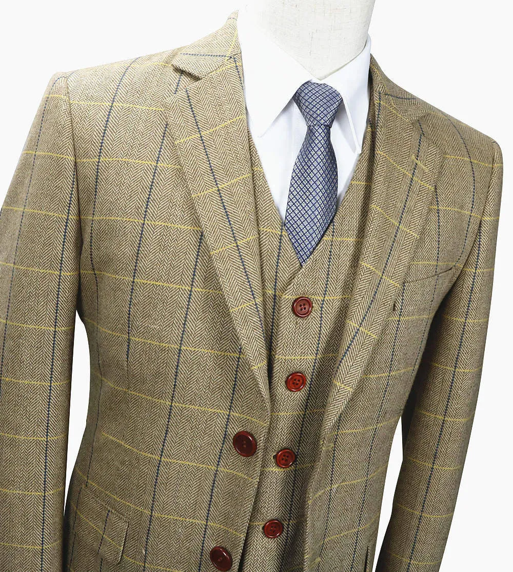 Cream White Tweed With Blue Windowpane 3 Piece Suit