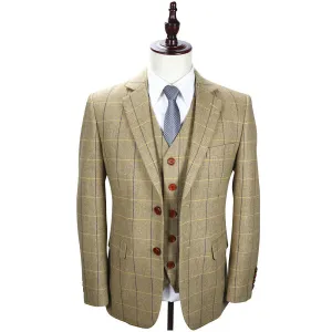 Cream White Tweed With Blue Windowpane 3 Piece Suit