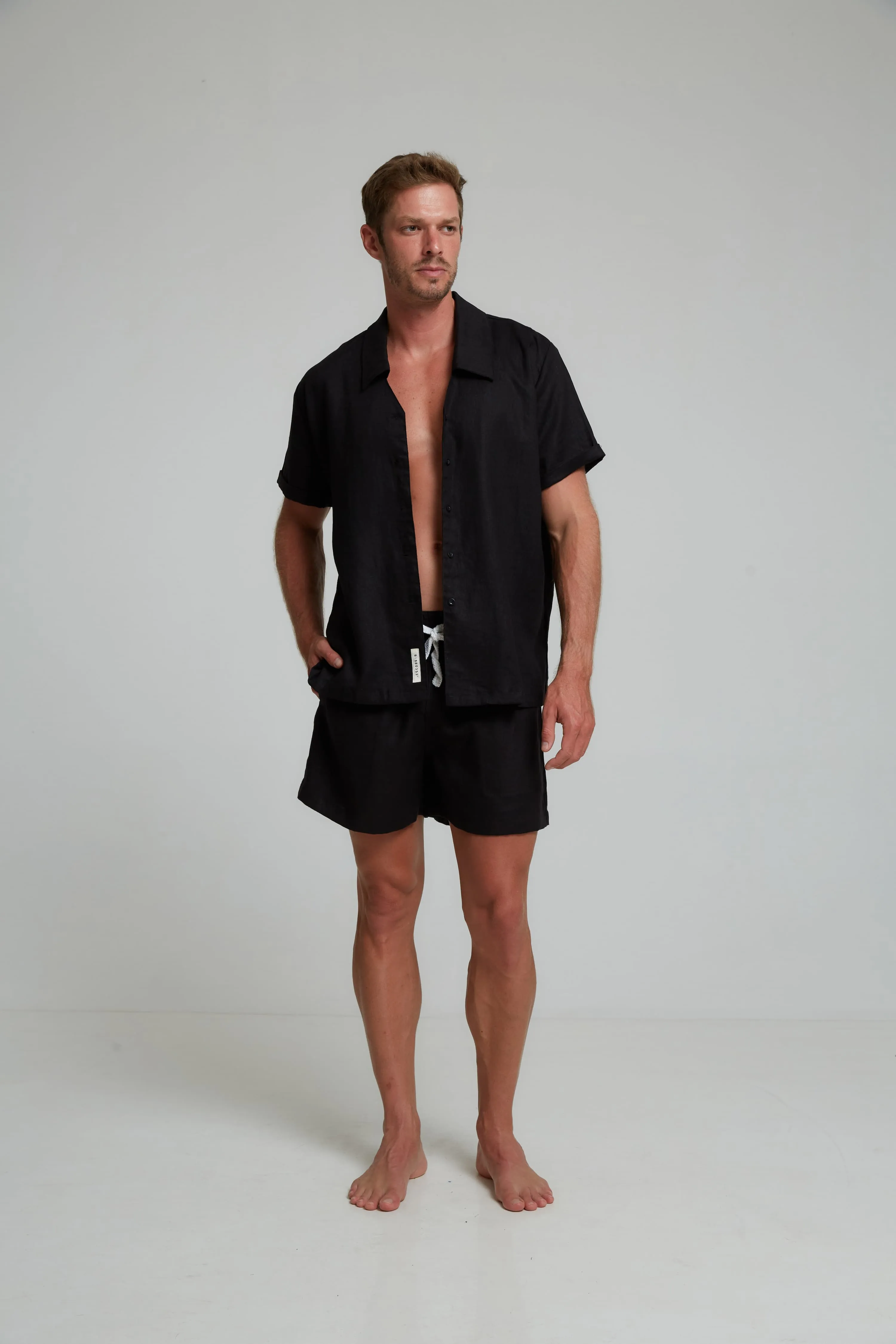 DIMANA DISCO SHORT-SLEEVE LINEN SHIRT IN BLACK