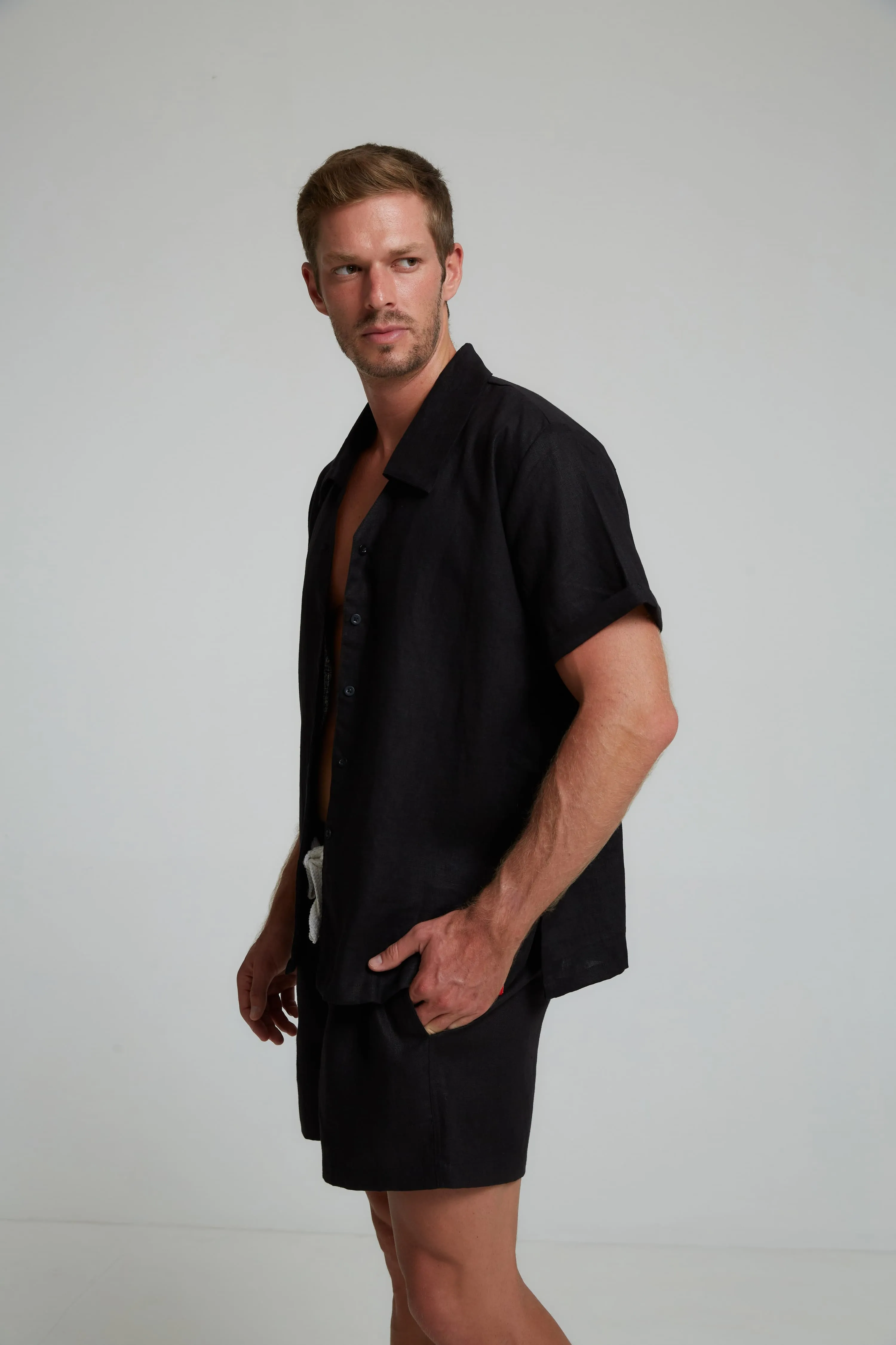 DIMANA DISCO SHORT-SLEEVE LINEN SHIRT IN BLACK