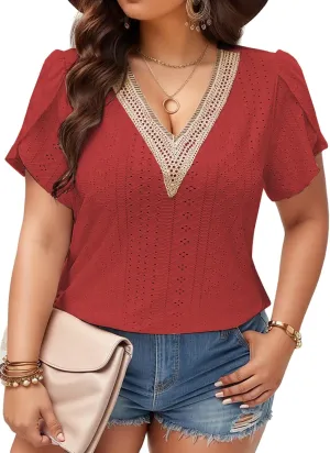 DOLNINE Women Plus Size Tops Summer Petal Short Sleeve Shirts Lace Trim V Neck Tunics Tee