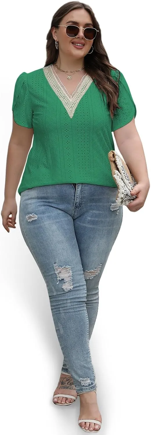 DOLNINE Women Plus Size Tops Summer Petal Short Sleeve Shirts Lace Trim V Neck Tunics Tee