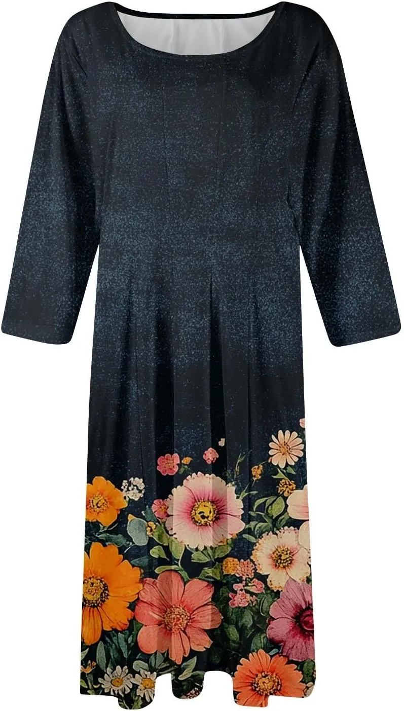 Dress for Women 3/4 Sleeve Spring Wrap Dress Empire Waist Floral Fitted Dress Summer Cute Flowy Dresses with Pocket