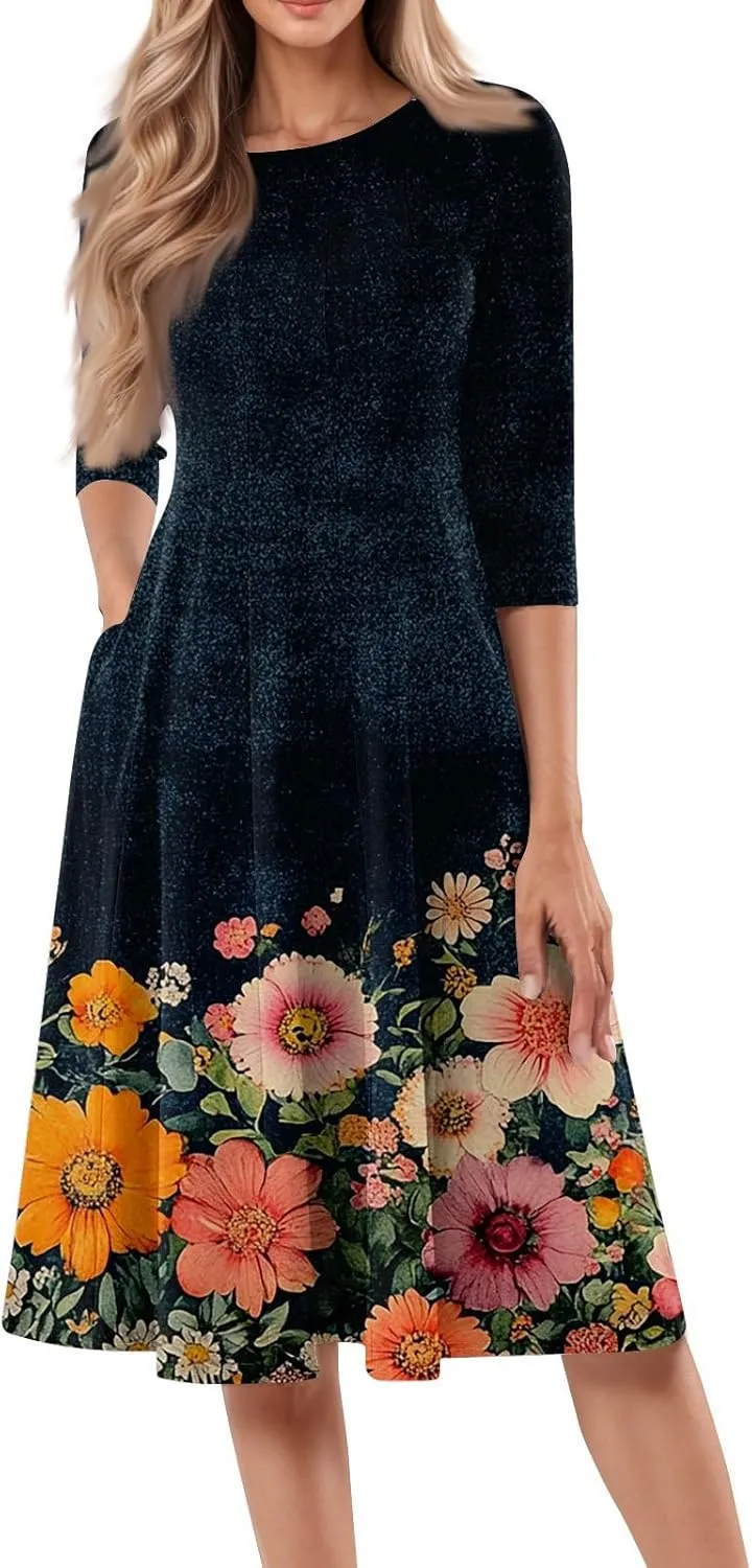 Dress for Women 3/4 Sleeve Spring Wrap Dress Empire Waist Floral Fitted Dress Summer Cute Flowy Dresses with Pocket