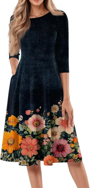 Dress for Women 3/4 Sleeve Spring Wrap Dress Empire Waist Floral Fitted Dress Summer Cute Flowy Dresses with Pocket