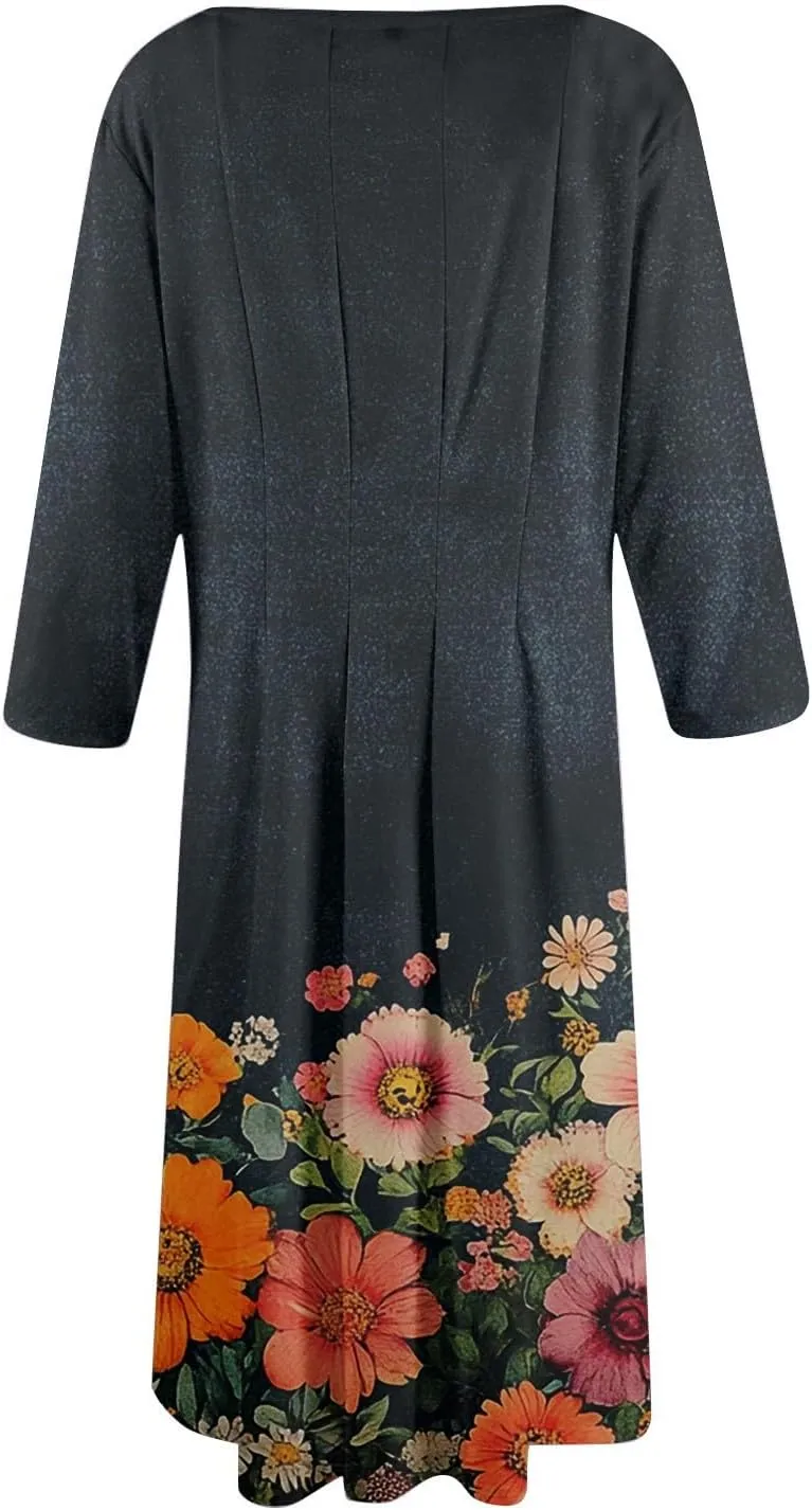 Dress for Women 3/4 Sleeve Spring Wrap Dress Empire Waist Floral Fitted Dress Summer Cute Flowy Dresses with Pocket