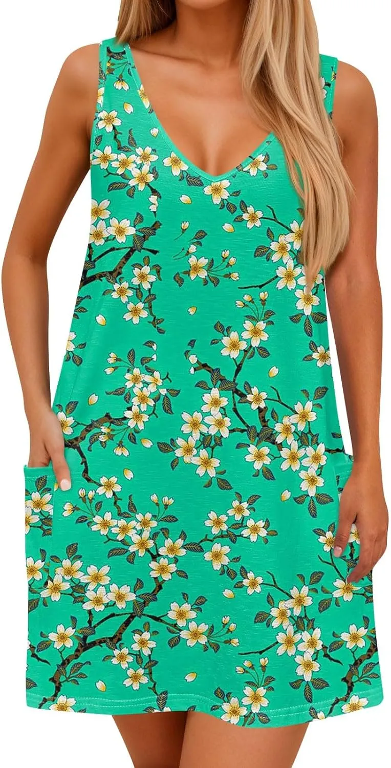 Dresses for Women 2025 Summer Floral Mini Dress V Neck Flowy Dresses Beach Sundress with Pockets