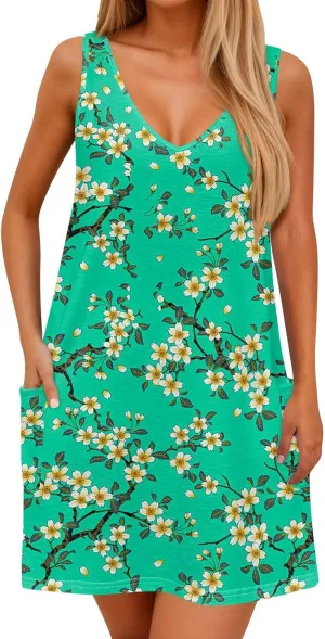 Dresses for Women 2025 Summer Floral Mini Dress V Neck Flowy Dresses Beach Sundress with Pockets