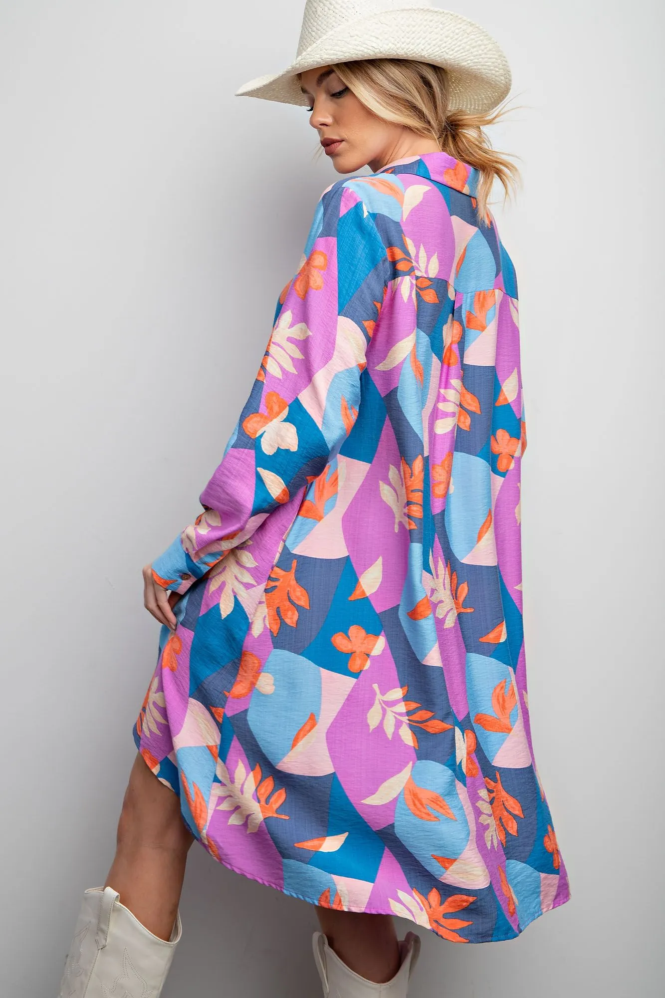 Easel Blossom Printed Button Down Shirt Dress in Royal Orange