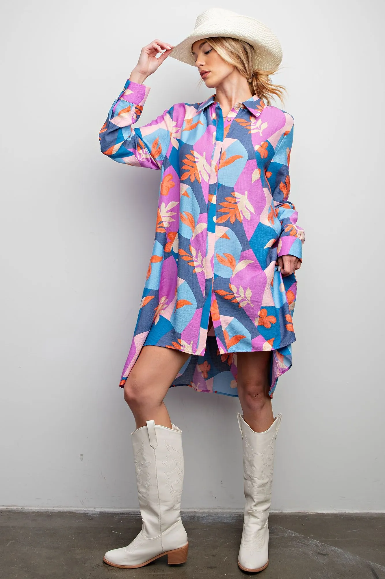 Easel Blossom Printed Button Down Shirt Dress in Royal Orange