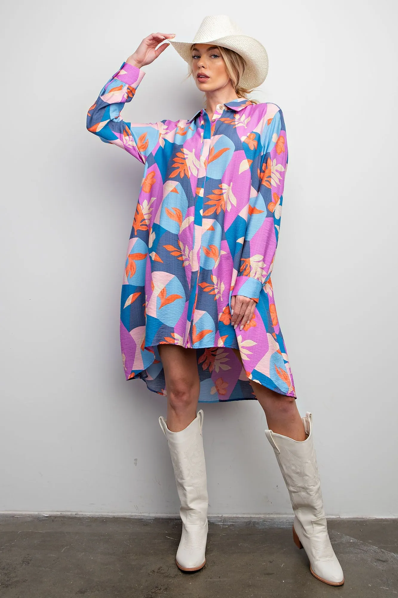 Easel Blossom Printed Button Down Shirt Dress in Royal Orange
