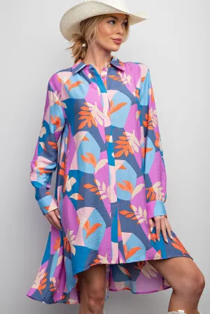 Easel Blossom Printed Button Down Shirt Dress in Royal Orange