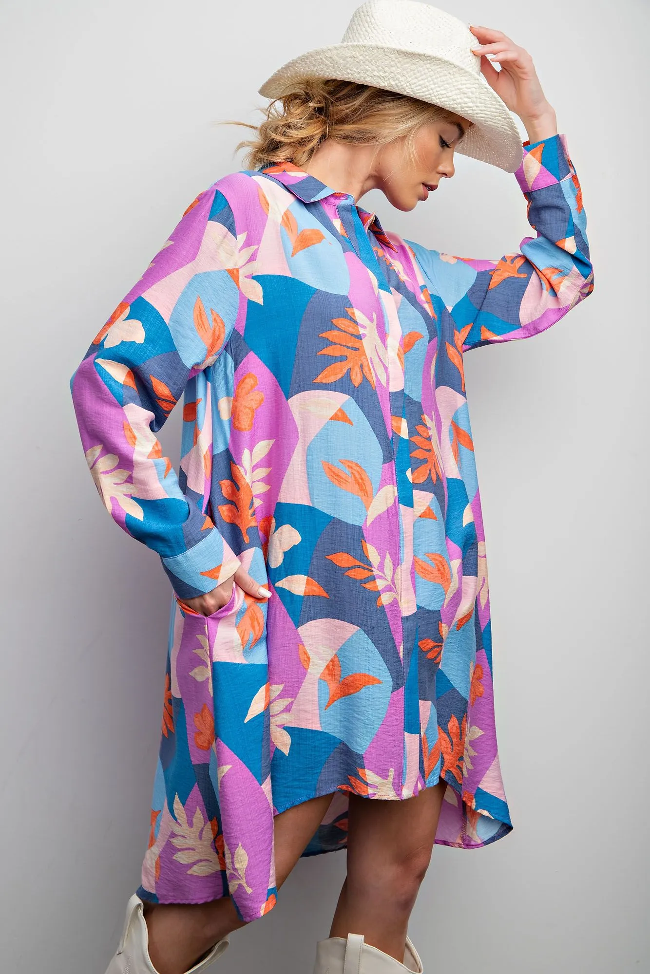 Easel Blossom Printed Button Down Shirt Dress in Royal Orange