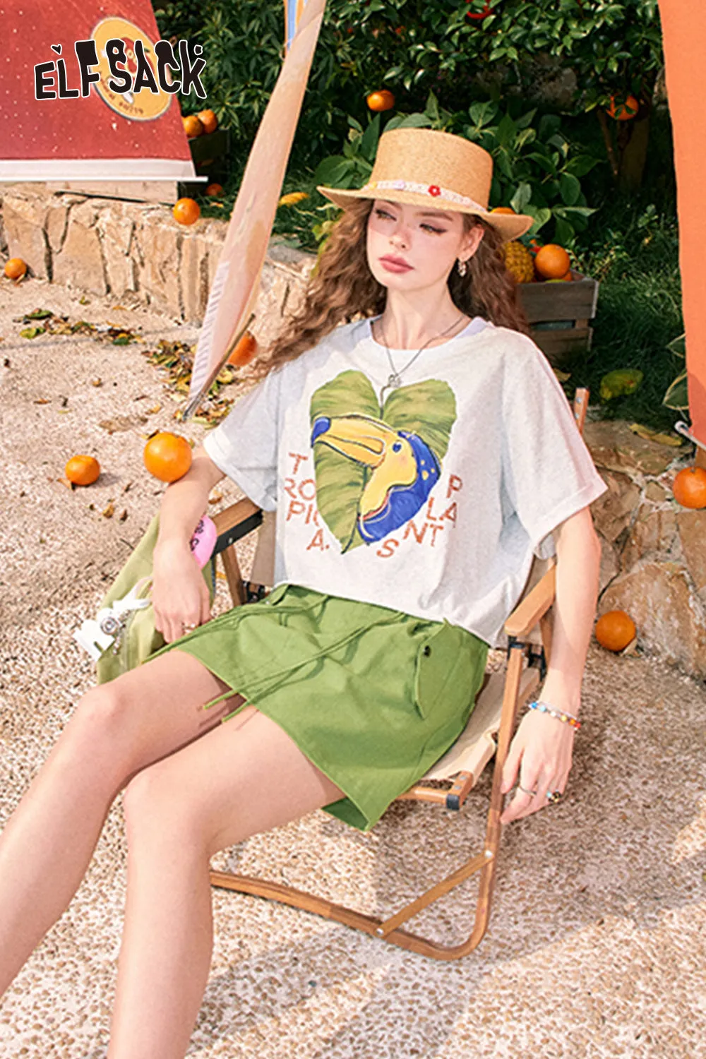 ELFSACK 2024 summer new arrival Orange A-line high waist slimming workwear American style drawstring skirt for women