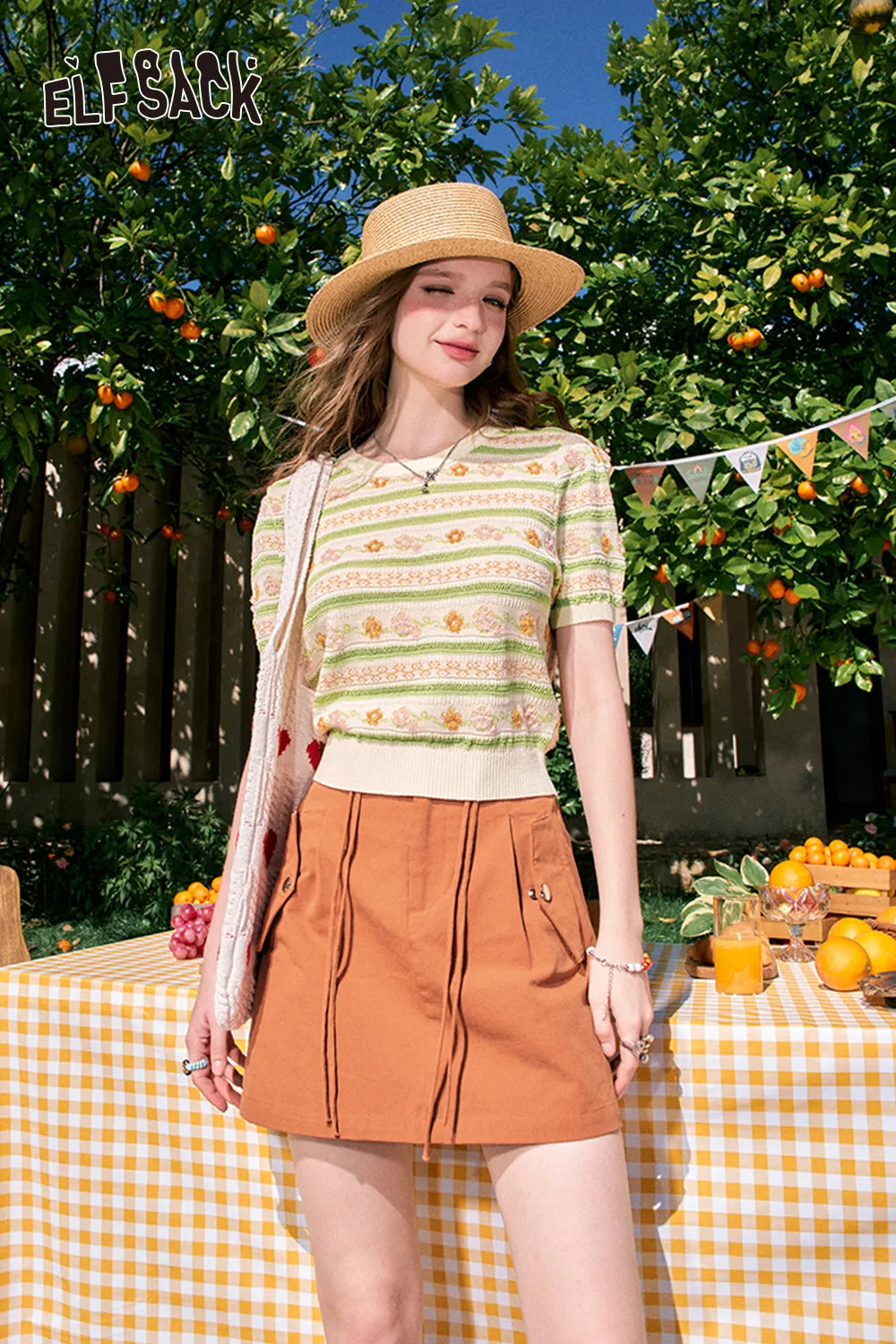 ELFSACK 2024 summer new arrival Orange A-line high waist slimming workwear American style drawstring skirt for women