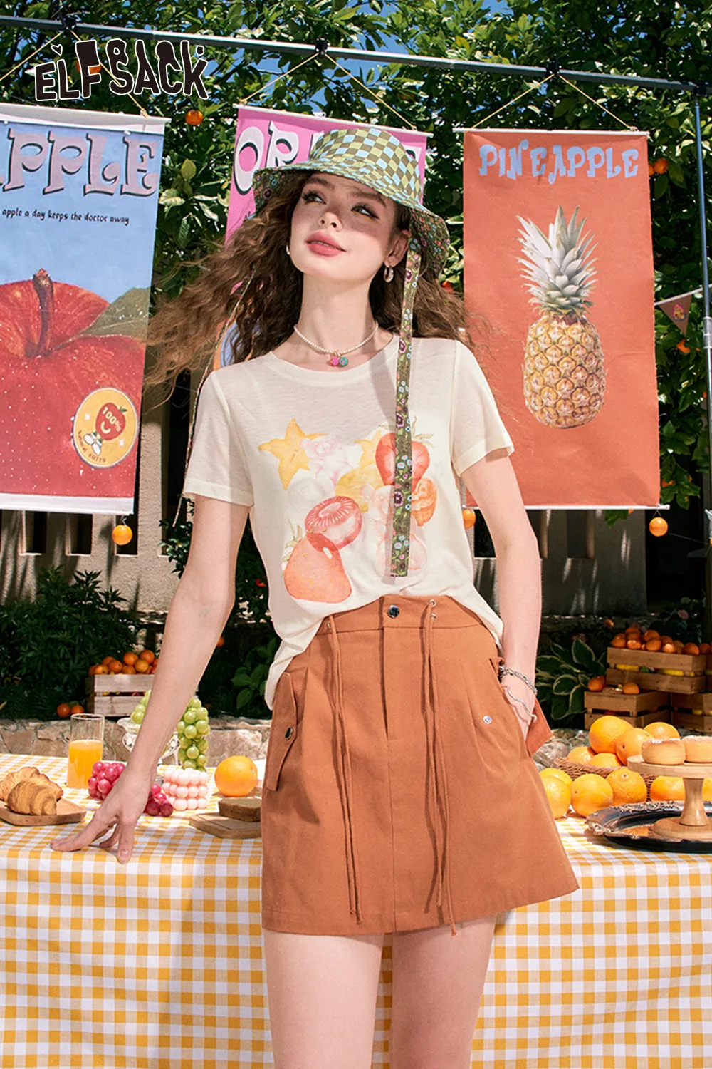 ELFSACK 2024 summer new arrival Orange A-line high waist slimming workwear American style drawstring skirt for women