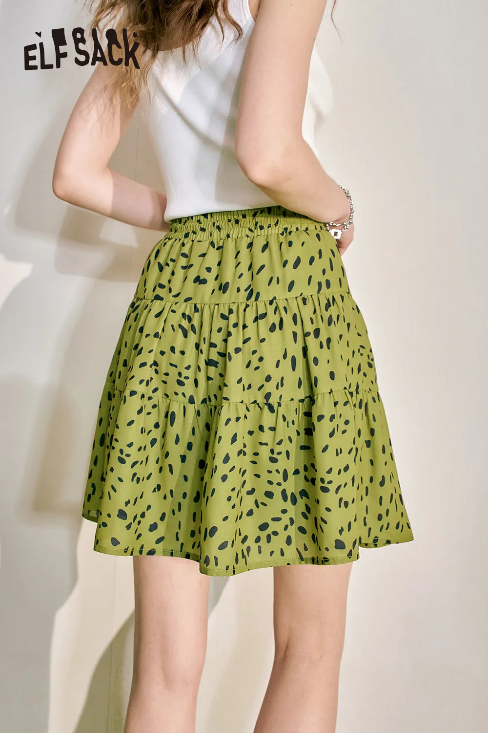 ELFSACK 2024 Summer New Leopard Pattern A-line Half Skirt Women's Elastic Waist Pig Nose Buckle Design Short Skirt