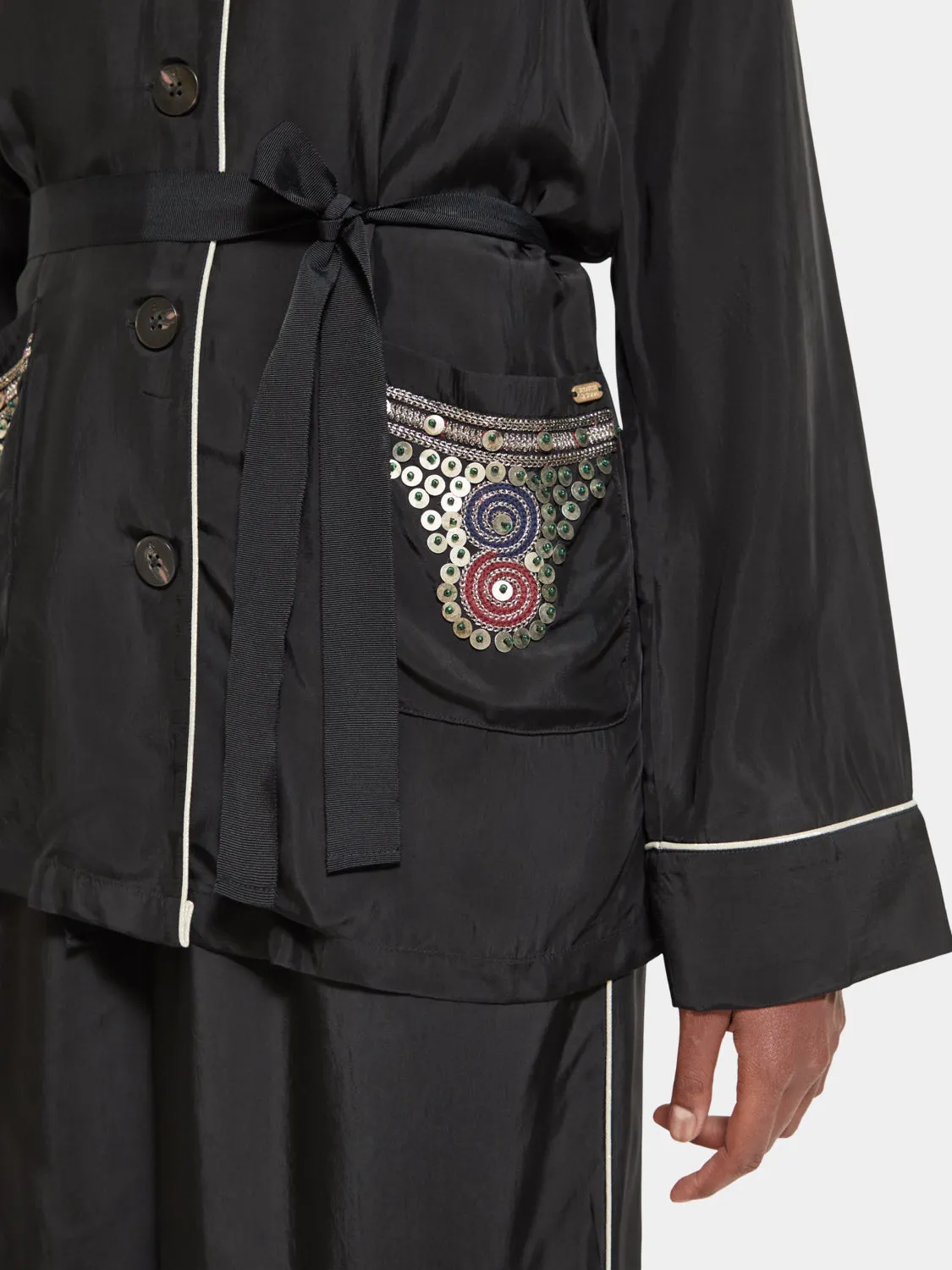 Embroidered belted blazer