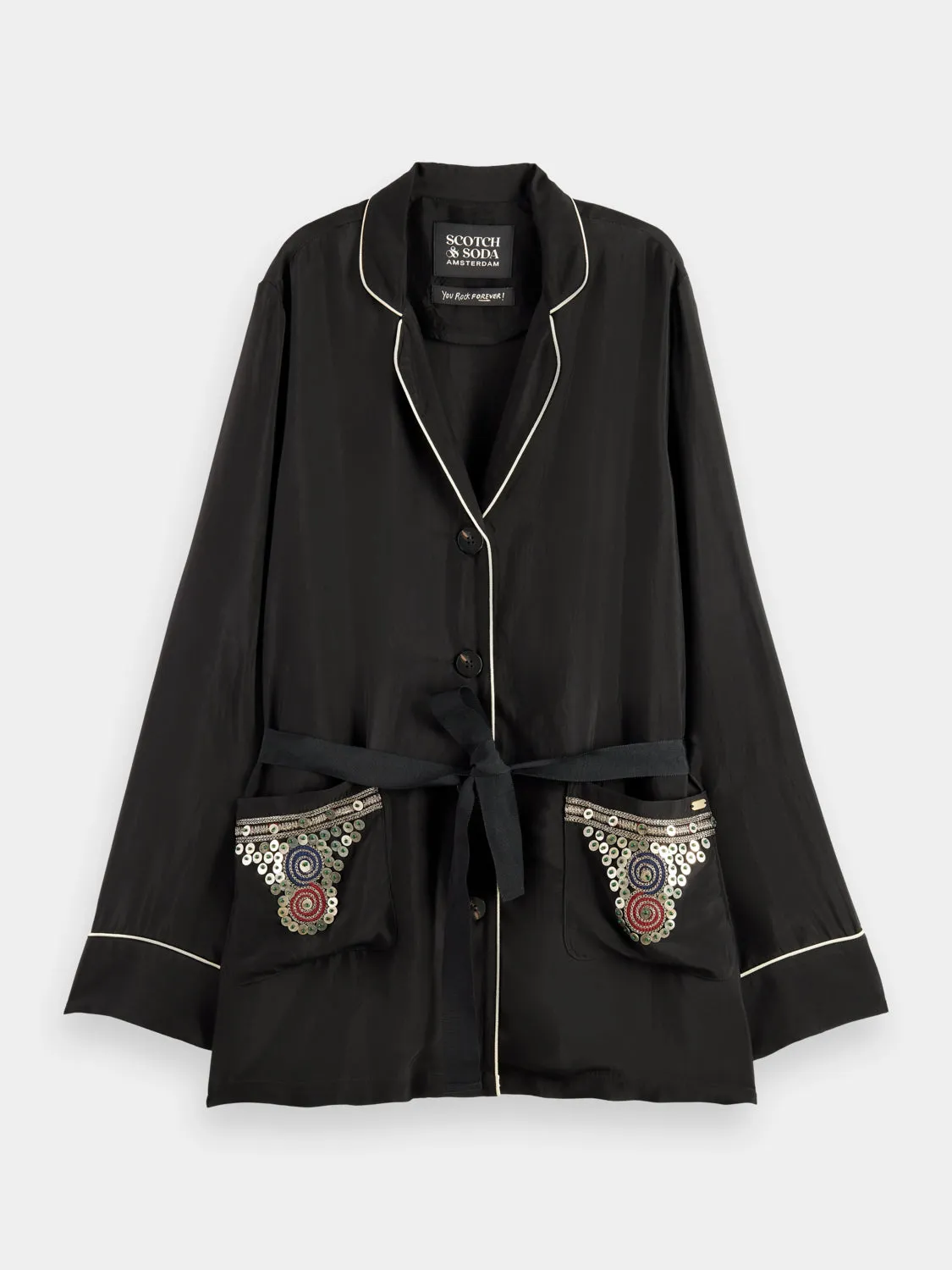 Embroidered belted blazer
