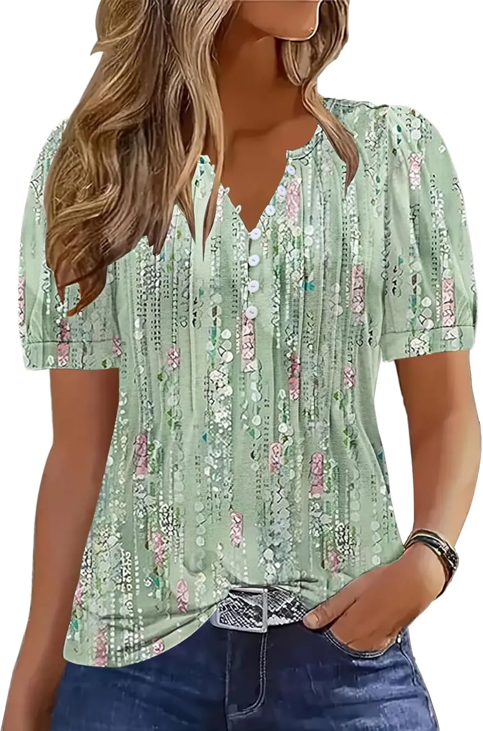 ETCYY Womens Shirts Dressy Casual Short Sleeve 2025 Summer Tops Spring V Neck Button Down Pleated Ladies Tunic Blouses