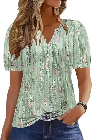 ETCYY Womens Shirts Dressy Casual Short Sleeve 2025 Summer Tops Spring V Neck Button Down Pleated Ladies Tunic Blouses