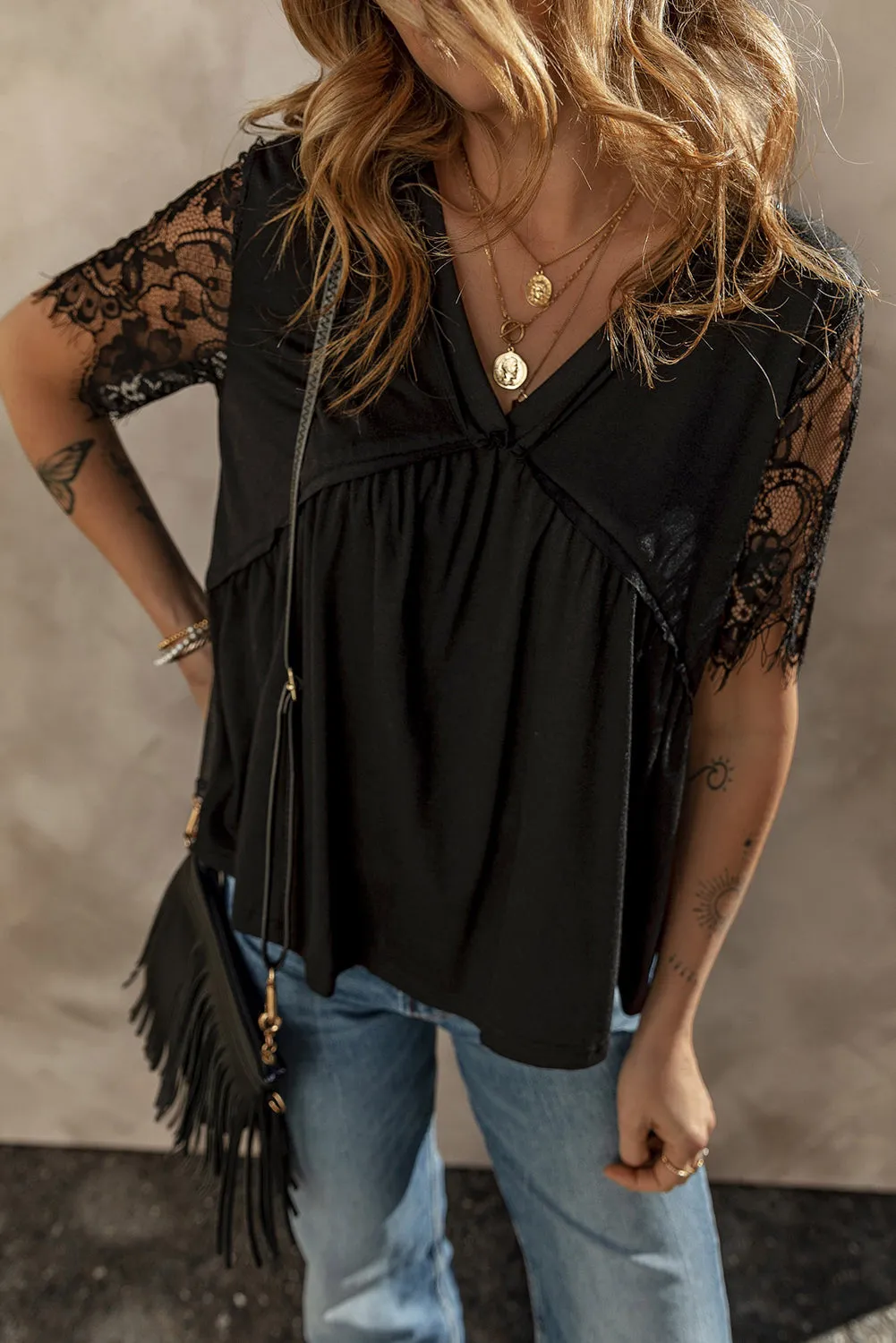 Eyelash Lace Ruffle Babydoll Top