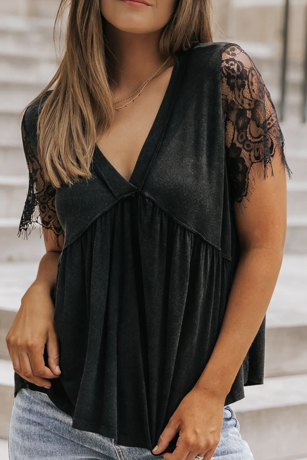 Eyelash Lace Ruffle Babydoll Top