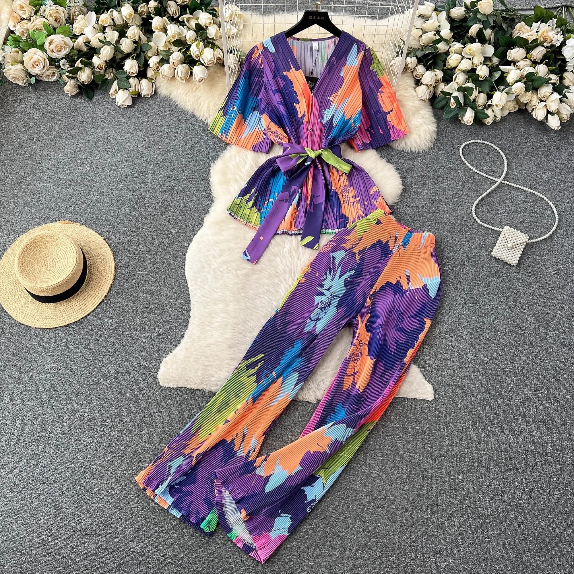 Fashion Pleated Suit | Women'S V-Neck Short Sleeve Top | High Waist Wide Leg Pants | Coord Set