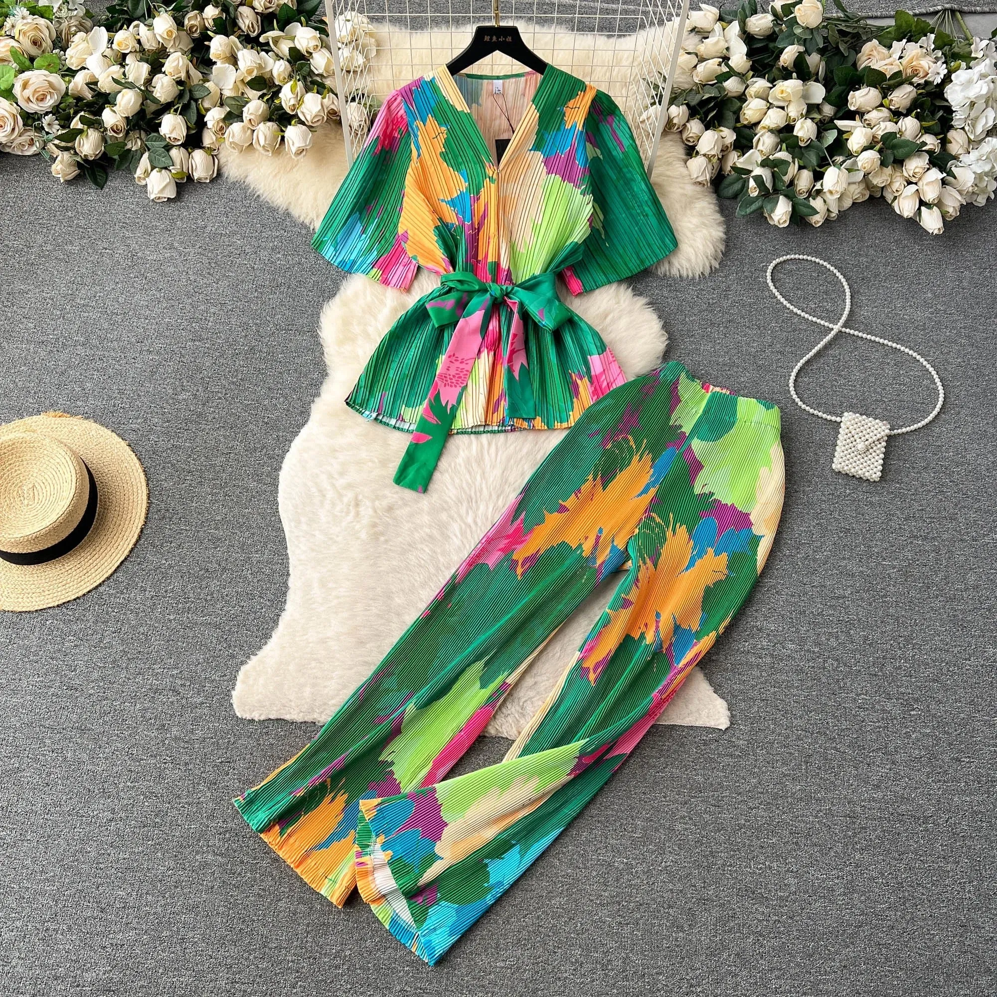 Fashion Pleated Suit | Women'S V-Neck Short Sleeve Top | High Waist Wide Leg Pants | Coord Set