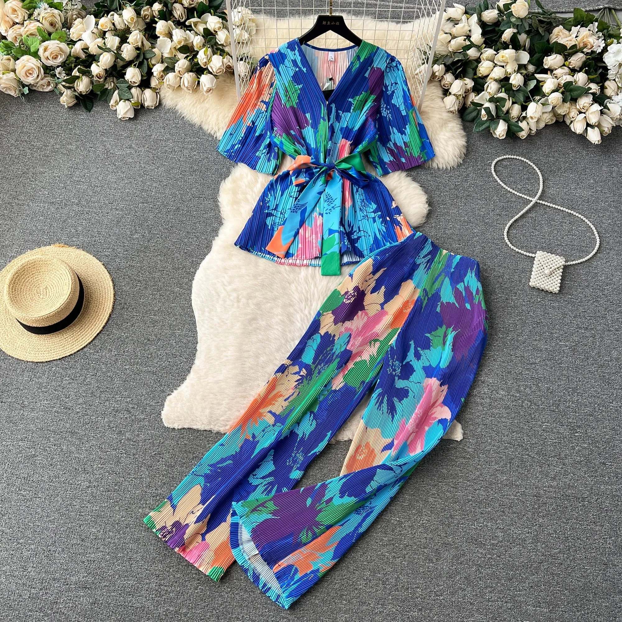 Fashion Pleated Suit | Women'S V-Neck Short Sleeve Top | High Waist Wide Leg Pants | Coord Set