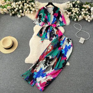 Fashion Pleated Suit | Women'S V-Neck Short Sleeve Top | High Waist Wide Leg Pants | Coord Set