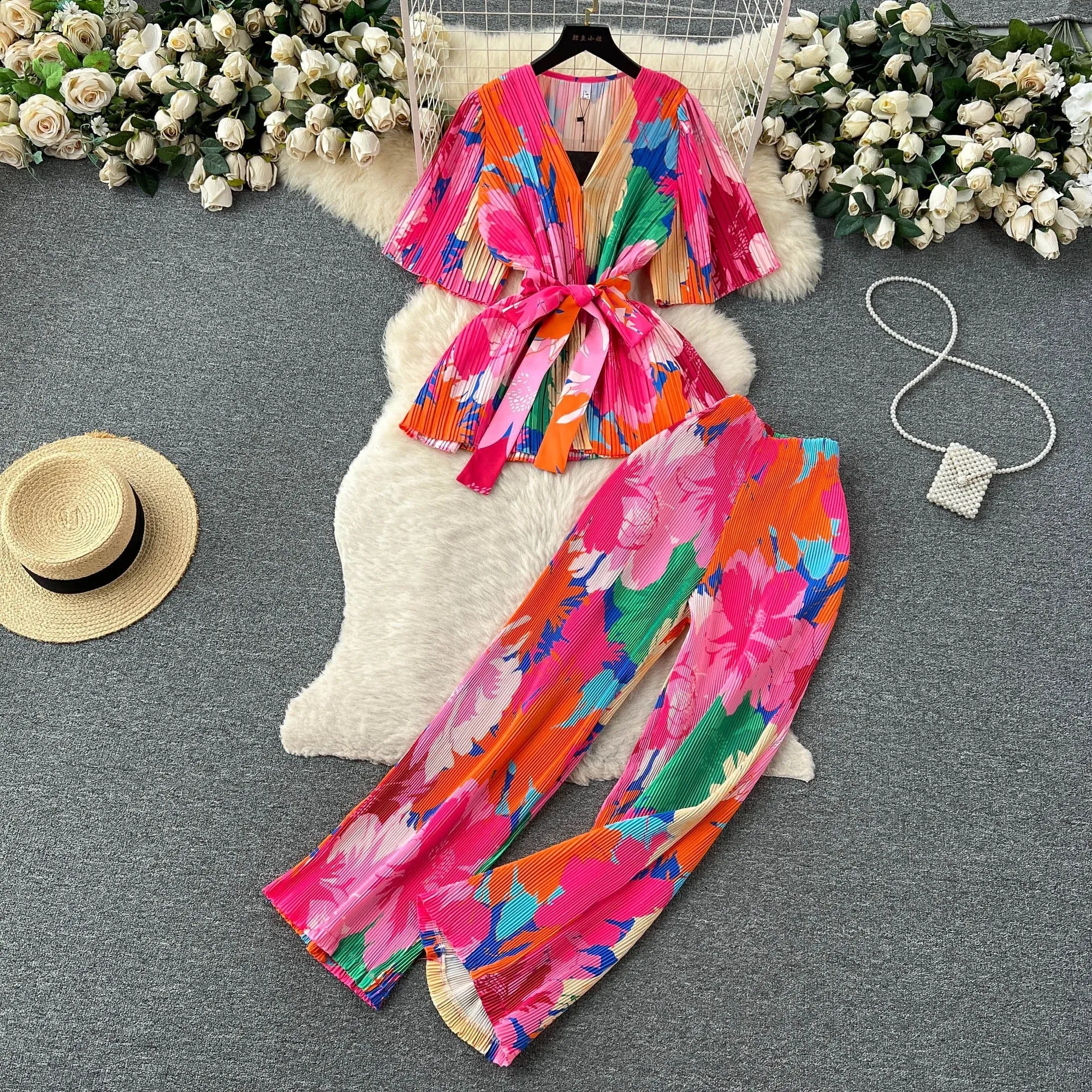 Fashion Pleated Suit | Women'S V-Neck Short Sleeve Top | High Waist Wide Leg Pants | Coord Set