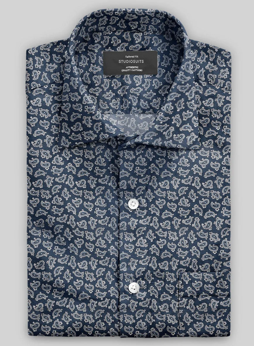 Italian Paisley Dark Blue Summer Linen Shirt