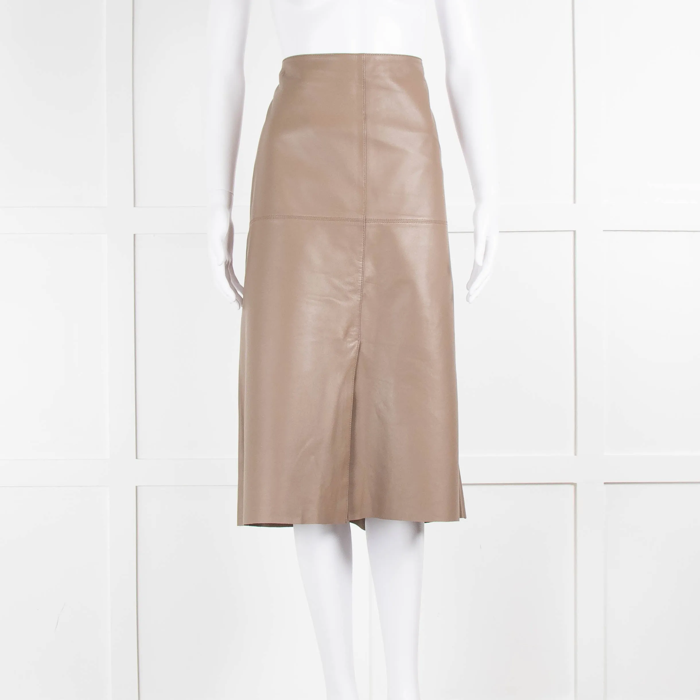 Joseph Brown Leather Slit Detail Midi Skirt