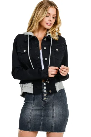 Khanomak Women's Denim Jean With Detachable Hoodie Terry Patch Jacket