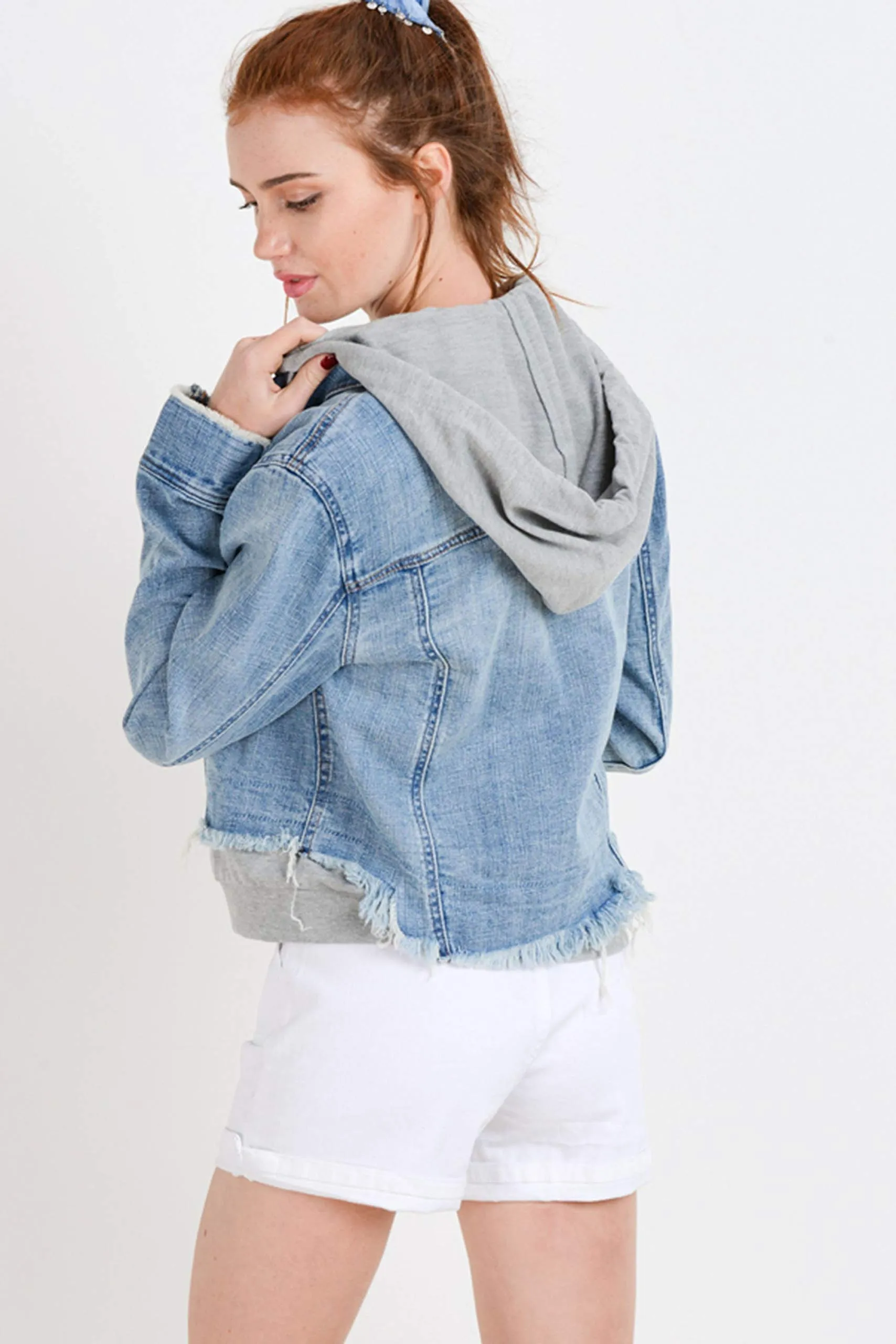 Khanomak Women's Denim Jean With Detachable Hoodie Terry Patch Jacket