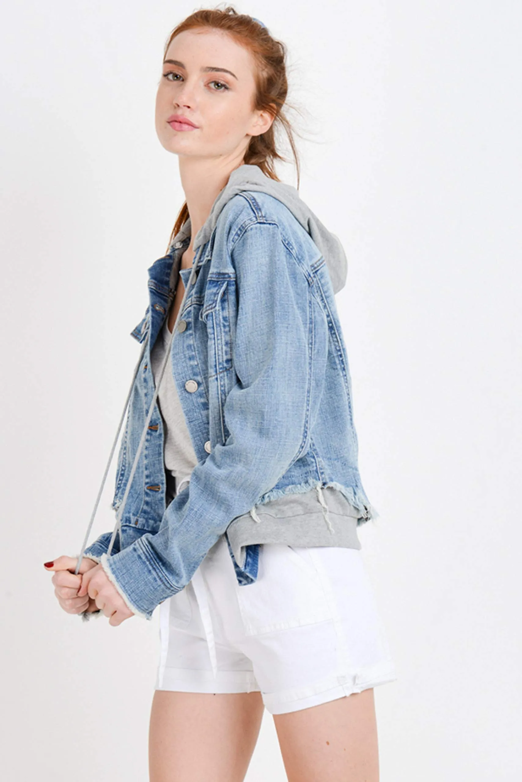 Khanomak Women's Denim Jean With Detachable Hoodie Terry Patch Jacket
