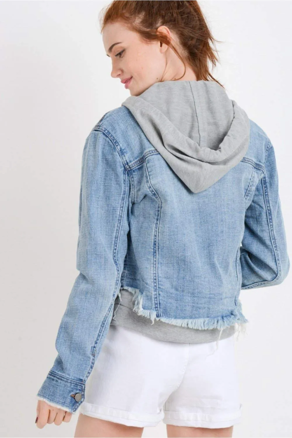 Khanomak Women's Denim Jean With Detachable Hoodie Terry Patch Jacket