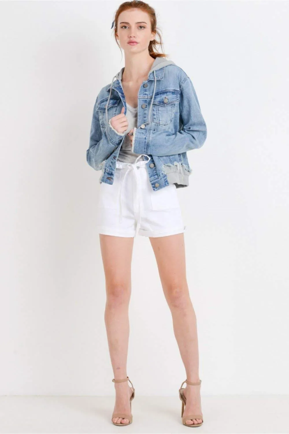 Khanomak Women's Denim Jean With Detachable Hoodie Terry Patch Jacket