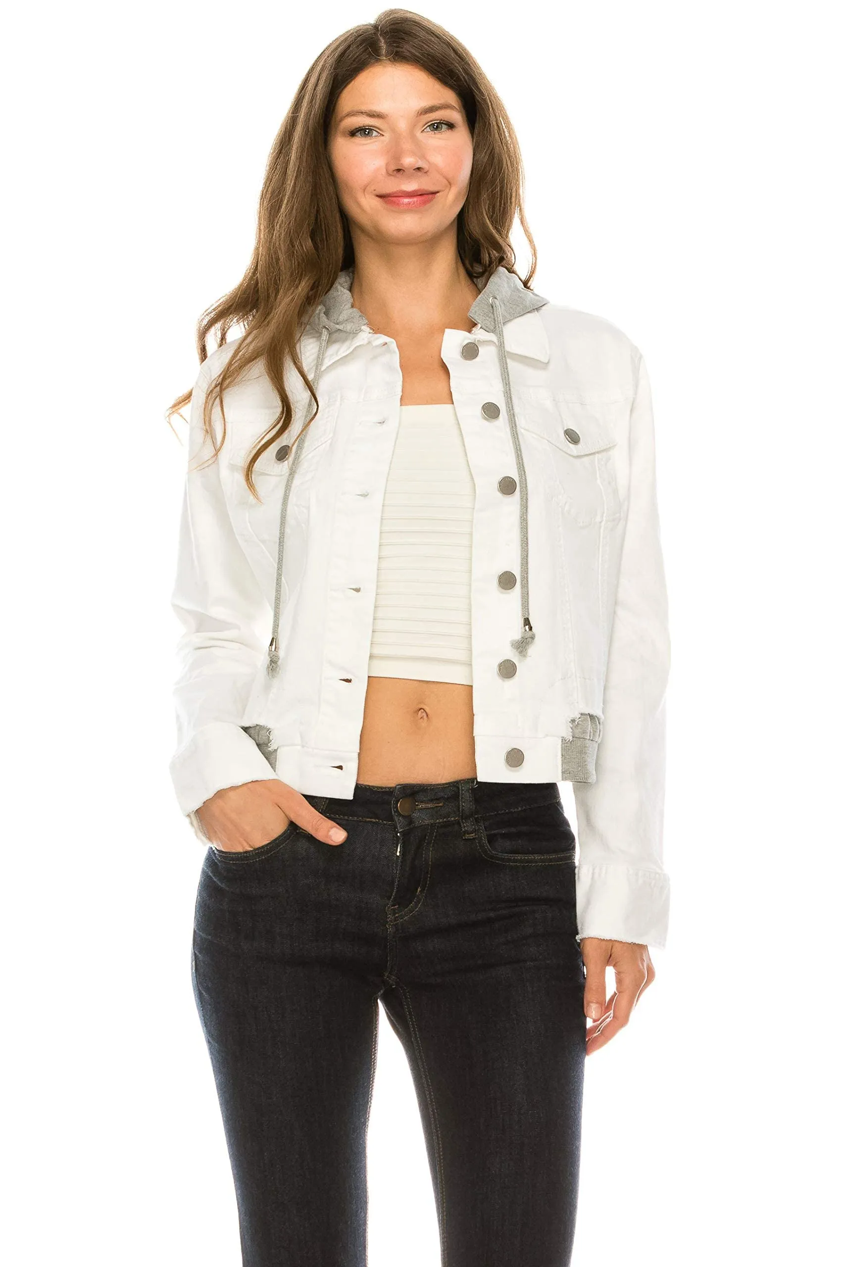 Khanomak Women's Denim Jean With Detachable Hoodie Terry Patch Jacket