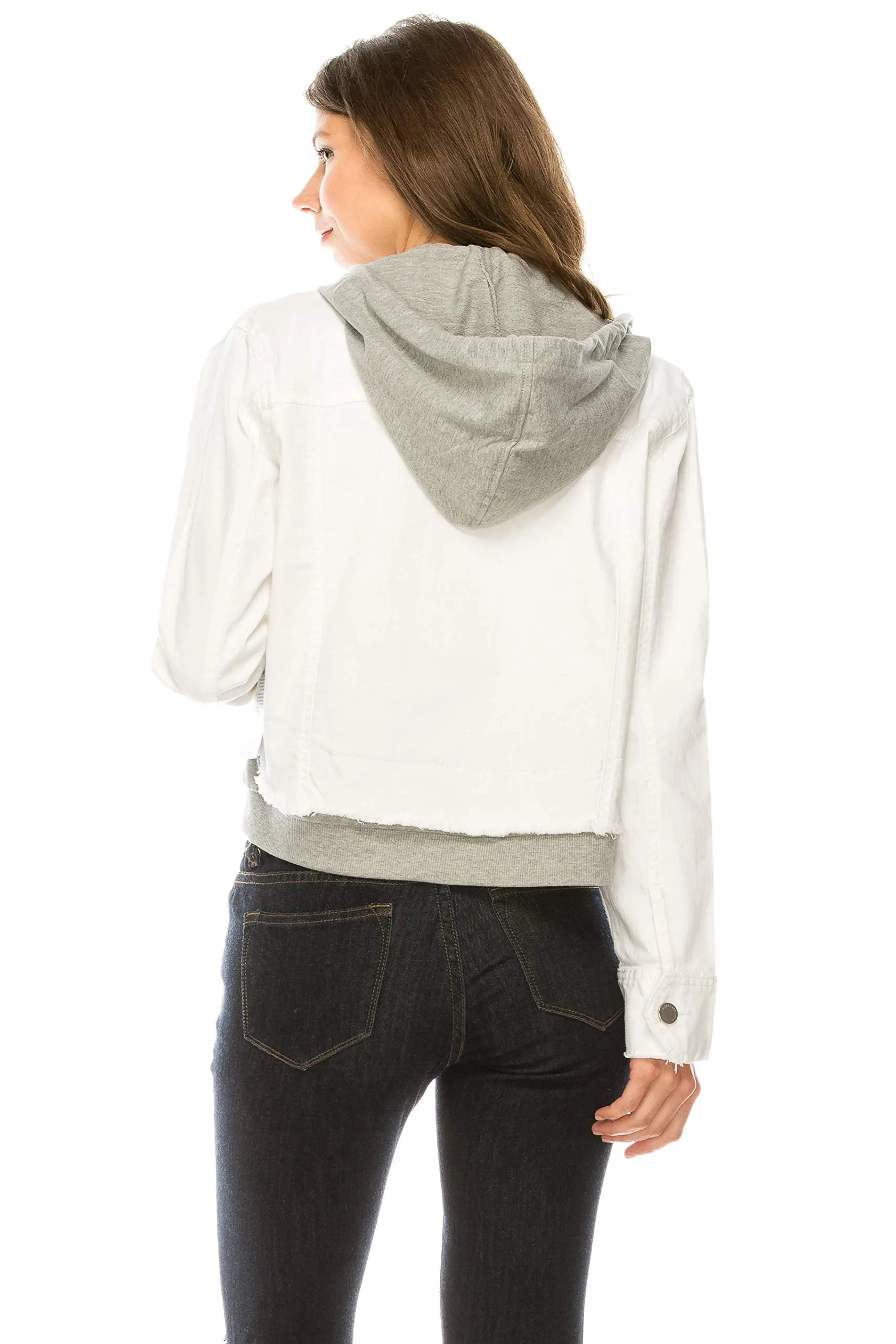 Khanomak Women's Denim Jean With Detachable Hoodie Terry Patch Jacket