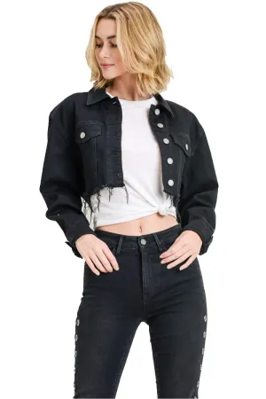 Khanomak Women's Long Sleeve Oversized Cropped Denim Jacket